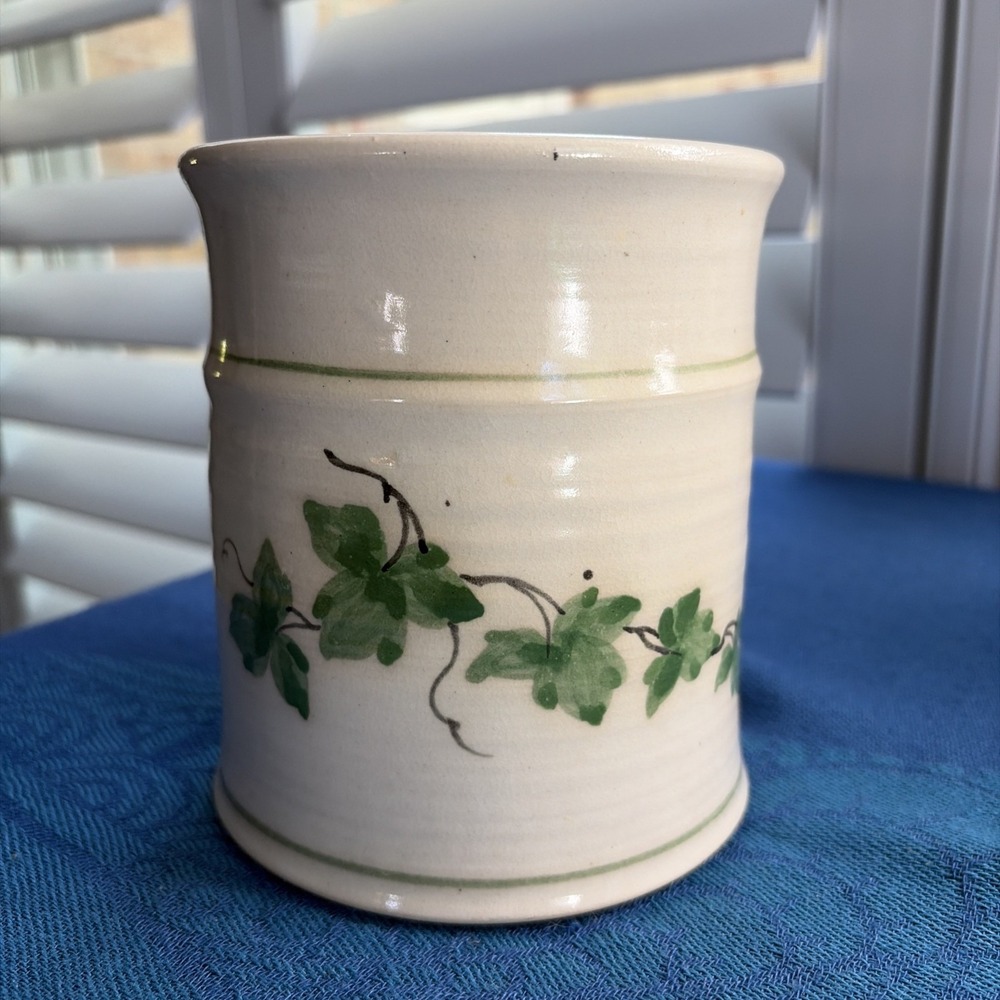 VINTAGE HANDMADE POTTERY  UTENSIL CROCK Ivy, Cottage Core Farmhouse